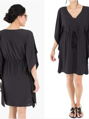 NEW! SUN50 V-Neck Popover Swim CoverUp Tunic Dress Boho Tassel Cinched Waist Med